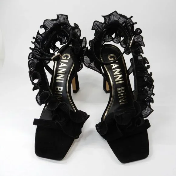 Gianni Bini Franz Sandals High Heels Size 6 Black Suede Chiffon Ruffle NEW - Picture 6 of 15